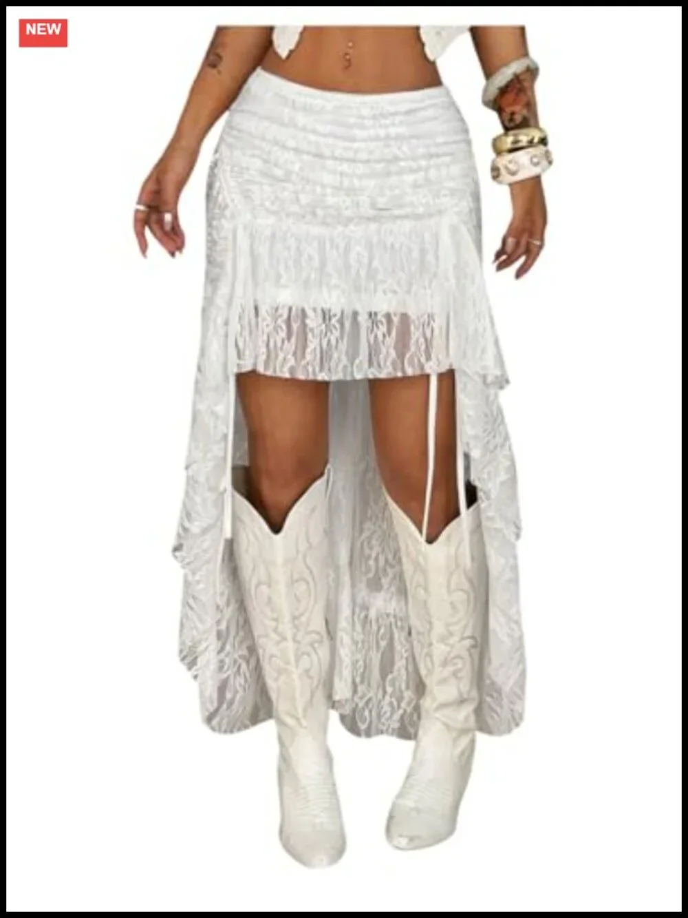 Women's Floral Lace Sheer Y2K Cowgirl Western Ruffle Maxi Skirt